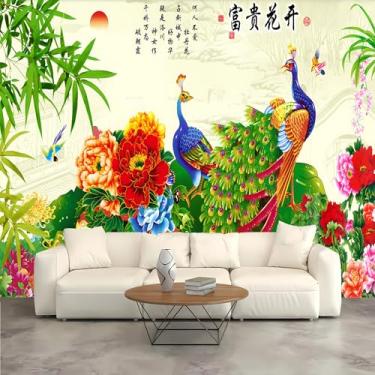 Imagem de Lcythiazole Mural de papel de parede de pavão de tamanho personalizado - papel de parede de pavão chinês, papel de parede autoadesivo removível, para quarto, sala de estar, TV e parede