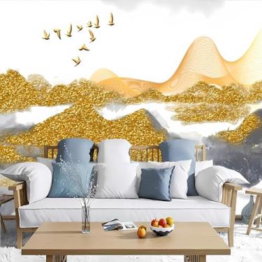 Imagem de Lcythiazole Murais estilo chinês papel de parede arte oriental montanhas douradas arte abstrata grandes murais ondulados papel de parede para sala de estar quarto TV fundo parede