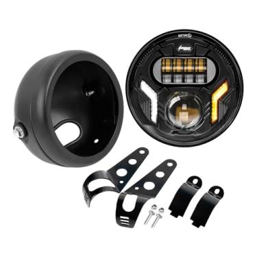 Imagem de HENGTUAOTO Faróis de LED de 14,75 cm, farol alto/baixo, branco, DRL, luzes de seta âmbar para motocicleta Iron 883 Dyna Street Bob Super Wide Glide Low Rider Night Rod Train Softail Deuce Custom