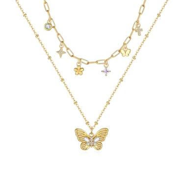 Imagem de YV-cozx Colar de borboleta para mulheres, banhado a ouro 14K, colar de camadas de borboleta, gargantilha de ouro, presente de joias modernas, correntes em camadas com clipe de papel, colar de camadas