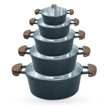 Imagem de Jogo de Panelas 5 Peças De Alumínio Fundido Com Alça De Madeira e Tamp