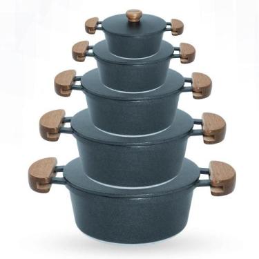 Imagem de Jogo de Panelas 5 Peças De Alumínio Fundido Com Alça De Madeira e Tamp