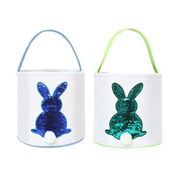 Imagem de Cootato Pacote Com 2 Cestas De Coelho Páscoa Para Crianças, Caça Aos Ovos Estampa E Lantejoulas, Balde Algodão Personalizado Cauda Fofa, Ovos, Doces, Presente (Azul, Verde)