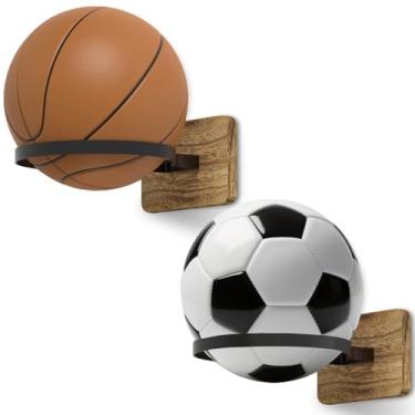 Imagem de Daoun Suporte de parede de basquete com base de madeira, 2 peças de suporte de armazenamento de bola para exibição de futebol, basquete, futebol e rúgbi, organizador de acessórios esportivos para
