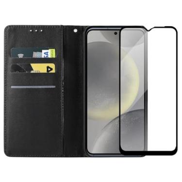 Imagem de Capa Carteira Flip Case para Samsung Galaxy S24 Plus com Película de Vidro Temperado 3D, Proteção de Câmera, Preto