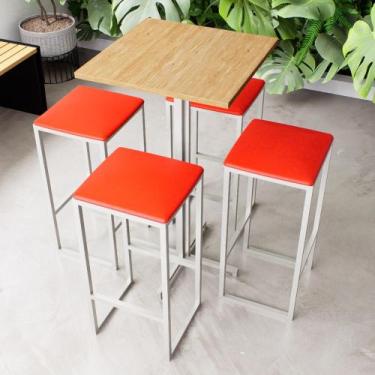 Imagem de Conjunto Mesa Alta Bar Bistrô Quadrada Pinus 4 Bancos Estofado Industr