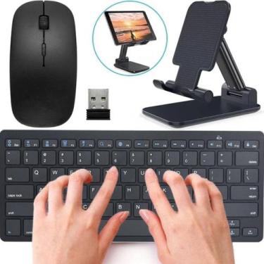 Imagem de Kit Teclado Bluetooth Mouse Sem Fio Celular Tablet + Suporte Mesa Text