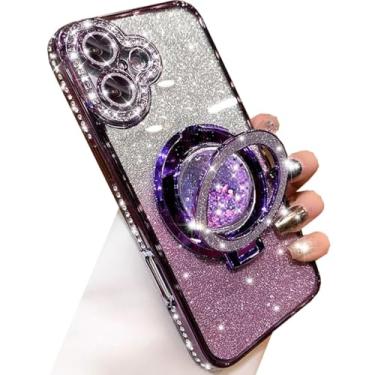 Imagem de Changjia Capa com suporte de glitter para iPhone 16 Plus, luxuosa, brilhante, diamante, strass, com protetor de câmera, anel de fluxo líquido, suporte de TPU (poliuretano termoplástico), capa feminina