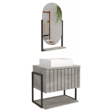 Imagem de Armário Gabinete Frisê 60cm Cimento Para Banheiro Com Cuba E Espelho Ori - Mgm Cimento