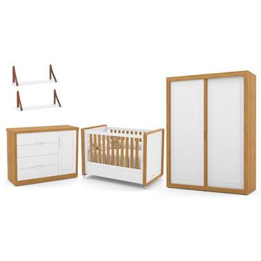 Imagem de Dormitório Tutto New 2 Portas, Cômoda 1 Porta, Berço Branco Soft-freijó E Prateleiras - Matic Móveis Branco Soft-freijó