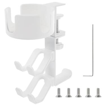 Imagem de Suporte de copo de mesa 4 em 1 com gancho de fone de ouvido e suporte de controle, acessórios para jogos, suporte giratório para fone de ouvido, braçadeira de braço ajustável e giratória, suporte de