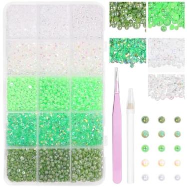 Imagem de 16.000 peças de pérolas planas para deslumbrantes, strass de resina de geleia verde, pérolas de unhas meio redondas para unhas deslumbrantes, joias faça você mesmo, maquiagem facial com lápis e pinça