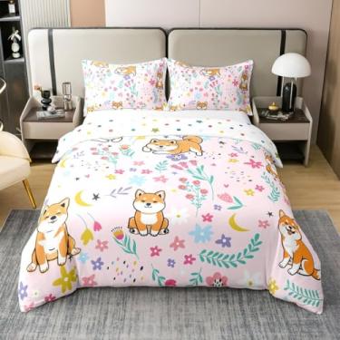 Imagem de Erosebridal Conjunto de cama casal 100% algodão floral Shiba Inu para crianças, conjunto de cama de bebê fofo filhote de cachorro botânico desenho floral floral capa de edredom fantasia sonhadora