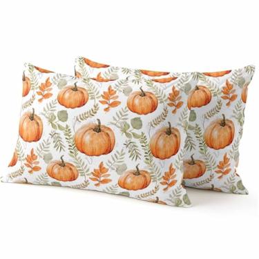 Imagem de Capas de almofada de outono de Ação de Graças 30,5 x 50,8 cm, conjunto de 2 almofadas decorativas de folhas verdes de abóbora laranja para sofá, quarto, branco