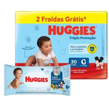 Imagem de Kit Fralda Huggies Tripla Proteção Meguinha G 30 + Lenço Umedecido