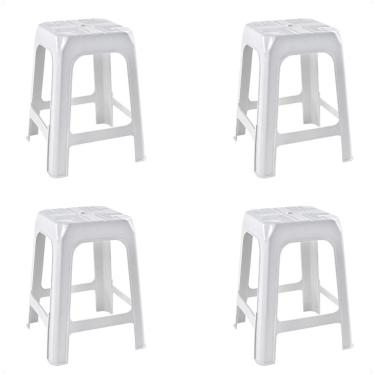 Imagem de 4 Banquetas Banco Plástico Resistente Branco Empilhável 46Cm