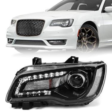 Imagem de VLINCAR Conjunto de farol de projetor compatível com Chrysler 300 2015 2016 2017 2018 farol de halogênio com lâmpadas com LED DRL caixa preta e refletor transparente lado esquerdo do motorista