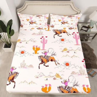 Imagem de Erosebridal Jogo de cama casal vaqueira ocidental, cavalo do oeste selvagem, lençol com elástico para meninas, crianças, adolescentes, retrô, cacto, montanha, rústico, vintage, 3 peças, decoração de