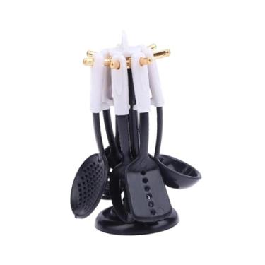 Imagem de simhoa Conjunto de 7 Utensílios de Cozinha para Casa de Bonecas, Miniaturas Colecionáveis ​​com Suporte para Armazenamento, Acessórios para Casa de Bonecas, Preto Branco