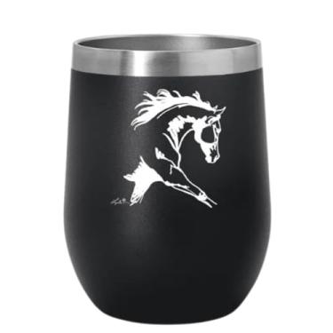 Imagem de Tack Shack of Ocala Copo de vinho AWST com parte superior deslizante em turquesa, rosa e preto com cavalo pulando ou trotando ou cabeça de cavalo (cavalo de trote estendido preto)