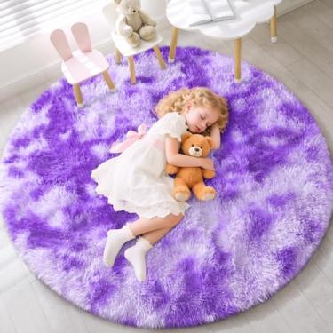 Imagem de EVOIONOS Tapete redondo roxo tingido para quarto, tapetes macios de 1,2 x 1,2 m para sala de estar, tapete circular felpudo de pelúcia para piso interno, cabeceira, berçário, decoração de casa