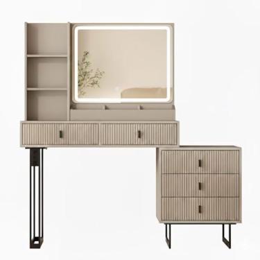 Imagem de Ieejdn Mesa de maquiagem com espelho iluminado, tira elétrica, mesa de penteadeira com prateleiras de armazenamento, 3 modos de iluminação, brilho, ajustável, mesa de escrita com 2 gavetas branca