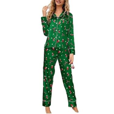 Imagem de Conjunto de pijama Juakoso com estampa de Natal em cetim para mulheres