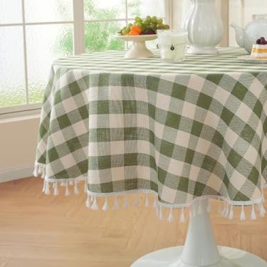 Imagem de Laolitou Toalha de mesa redonda xadrez verde lavável com borlas algodão linho guingão toalha de mesa para decoração de jantar em família, verde, redonda, 152 cm, 2-4 lugares
