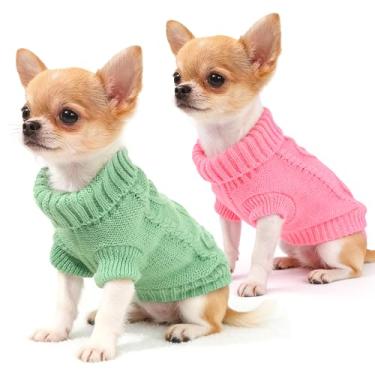 Imagem de 2 peças de suéter de cachorro para cães pequenos, roupas de chihuahua, primavera, inverno, malha fofa, gola rolê, roupas quentes grossas para gatos Yorkie, roupas extra pequenas para cães (PP)