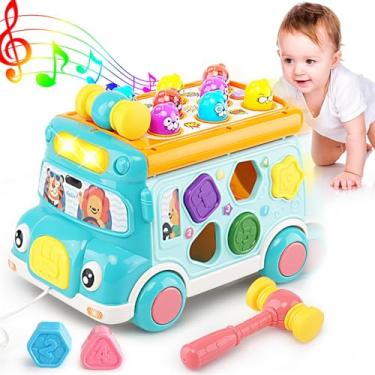 Imagem de Brinquedo de Ônibus Push Pull Brinquedos Musicais para Bebês com Som e Luz Jogo Bater o Moleque Correspondência Formas Engrenagem Relógio Atividades E