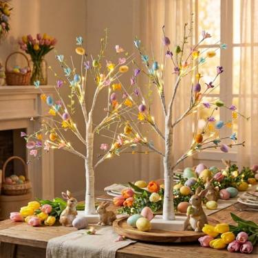 Imagem de Baquler 2 peças de bétulas iluminadas de LED de Páscoa com ovos pendurados e decoração de coelho, árvores de mesa artificiais, pré-iluminadas, 61 cm, decorações de primavera de Páscoa para mesa