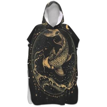 Imagem de Joisal Poncho de surfe trocador de roupão adulto com capuz toalha de natação plus size masculino poncho com capuz dourado koi peixe lua