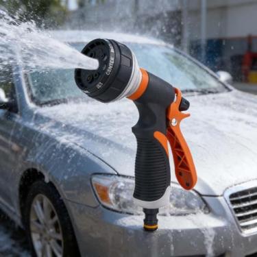 Imagem de Bocal de mangueira de jardim, pistola de água de alta pressão, 8 padrões de pulverização, pulverizador de mangueira de jardim ajustável para irrigação, limpeza e uso externo (laranja)