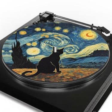 Imagem de PJHEQOXE Tapete para toca-discos Starry Night Cat para toca-discos vintage de vinil de 30,5 cm - capa antiestática, reduz o ruído e sons de estática e poeira - Tapete para toca-discos