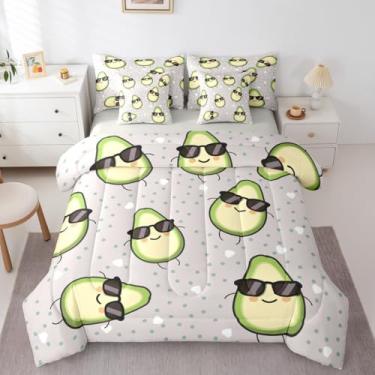 Imagem de Erosebridal Jogo de cama casal kawaii verde amarelo abacate com desenho animado de abacate, 7 peças, para crianças, meninos, meninas, frutas, frutas, bolinhas, decoração de quarto