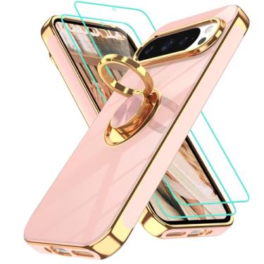 Imagem de Gritup Capa para celular Google Pixel 9 Pro: 2 peças de protetor de tela | Suporte magnético de rotação de 360° | Revestimento de borda dourada macia TPU protetora básica para Pixel 9 rosa