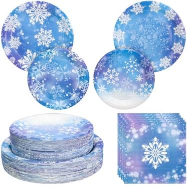 Imagem de 180 peças de suprimentos de festa de floco de neve de inverno – Conjunto de pratos e guardanapos de papel de floco de neve azul e roxo, utensílios de mesa descartáveis do país das maravilhas de