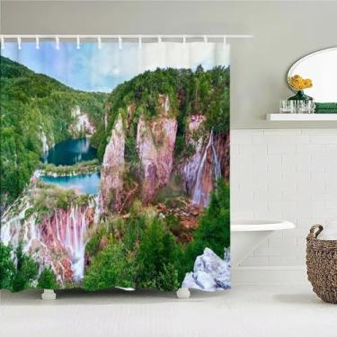 Imagem de Cortina de chuveiro de tecido de paisagem natural impermeável para decoração de banheiro com 12 ganchos 120 x 183 cm/LxA, cortina de chuveiro antimofo