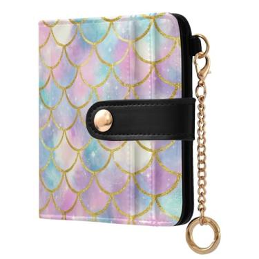 Imagem de STAYTOP Linda carteira feminina colorida com escamas de sereia com bloqueio de RFID, de couro macio, dobrável e compacta, porta-cartões com zíper, bolso para moedas, janela para identidade