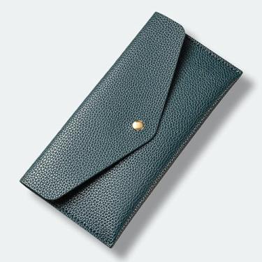Imagem de Carteira longa feminina estilo envelope com fecho de pressão - Bolsa fina de poliuretano, 20 x 10 cm, 70 g (preto, vermelho, café, azul), Azul, Clássico