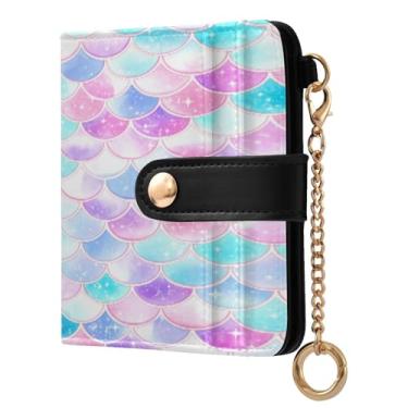 Imagem de STAYTOP Linda carteira feminina com escamas de sereia com bloqueio de RFID, de couro macio, dobrável, compacta, porta-cartões para mulheres, com zíper e bolso para moedas, janela para identidade