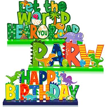 Imagem de 3 peças de centro de mesa de dinossauro, decoração de mesa de festa de aniversário, decoração de pequenos ovos de pata de dinossauro, peças centrais de mesa T-rex