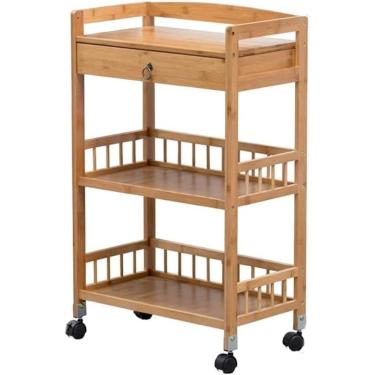 Imagem de Carrinho De Serviço De 3 Camadas Para Armazenamento De Bebidas Carrinho De Rolamento Móvel De Madeira Com Prateleiras De Gaveta Carrinho Com Rodízio Com Trava Fácil De Instalar, Carregar 60 Kg,Lar