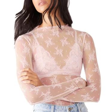 Imagem de Camisetas femininas de renda de malha transparente top sexy para sair verão plus size lindo bordado transparente blusa cropped floral, 011 rosa, P