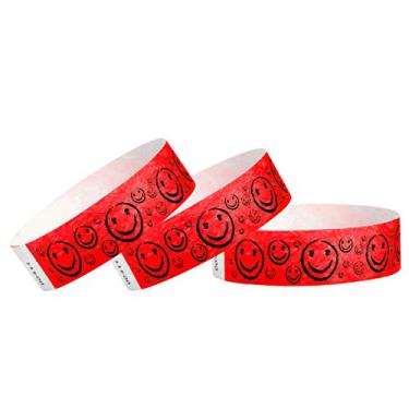 Imagem de Pulseiras Tyvek de rosto sorridente vermelho neon 200 Wristco para eventos - 2,5 cm x 25,4 cm - Pulseiras de papel à prova d'água, recicláveis, confortáveis, resistentes a rasgos para shows,