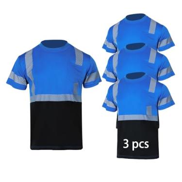 Imagem de FONIRRA Camisetas masculinas de segurança refletivas Hi Vis Pacote com 3 Classe 2 ANSI Alta Visibilidade Trabalho Construção Manga Comprida Curta, Azul - 3 peças - manga curta, M