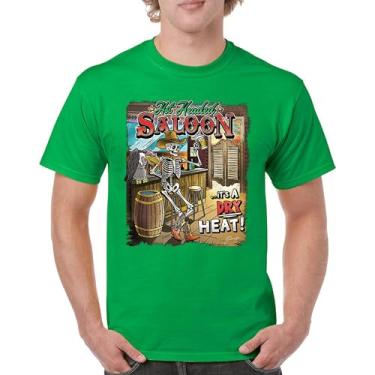 Imagem de Camiseta masculina Hot Headed Saloon But its a Dry Heat Funny Skeleton Biker Beer Drinking Cowboy Skull Southwest, Verde, GG