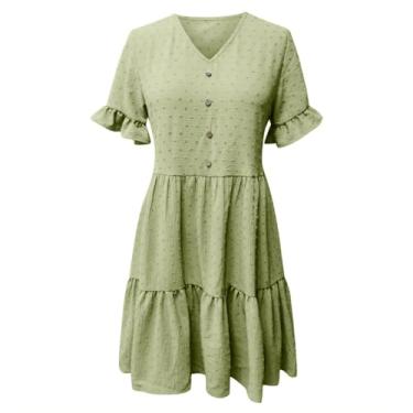 Imagem de Vestido feminino primavera/verão gola V jacquard manga cinco quartos vestido casual manga longa vestido rodado, Verde, G