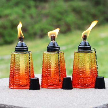Imagem de Tochas Seráficas para Exterior - Queimador de lâmpada de óleo de citronela Velas de mesa de vidro de 16 onças para pátio, jardim, deck e festas ao ar livre, conjunto de 3, laranja pôr do sol