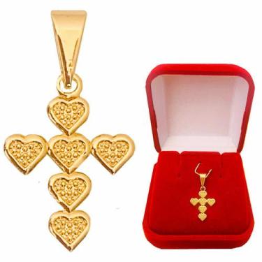 Imagem de Pingente Feminino Cruz Crucifixo Corações Banhado a Ouro 18k - Dinis J